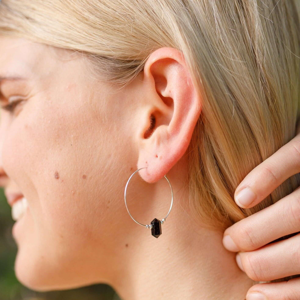 Large Hoop Black Tourmaline Double Terminated Crystal Point Earrings - Large Hoop Black Tourmaline Double Terminated Crystal Point Earrings - Sterling Silver - Luna Tide Handmade Crystal Jewellery