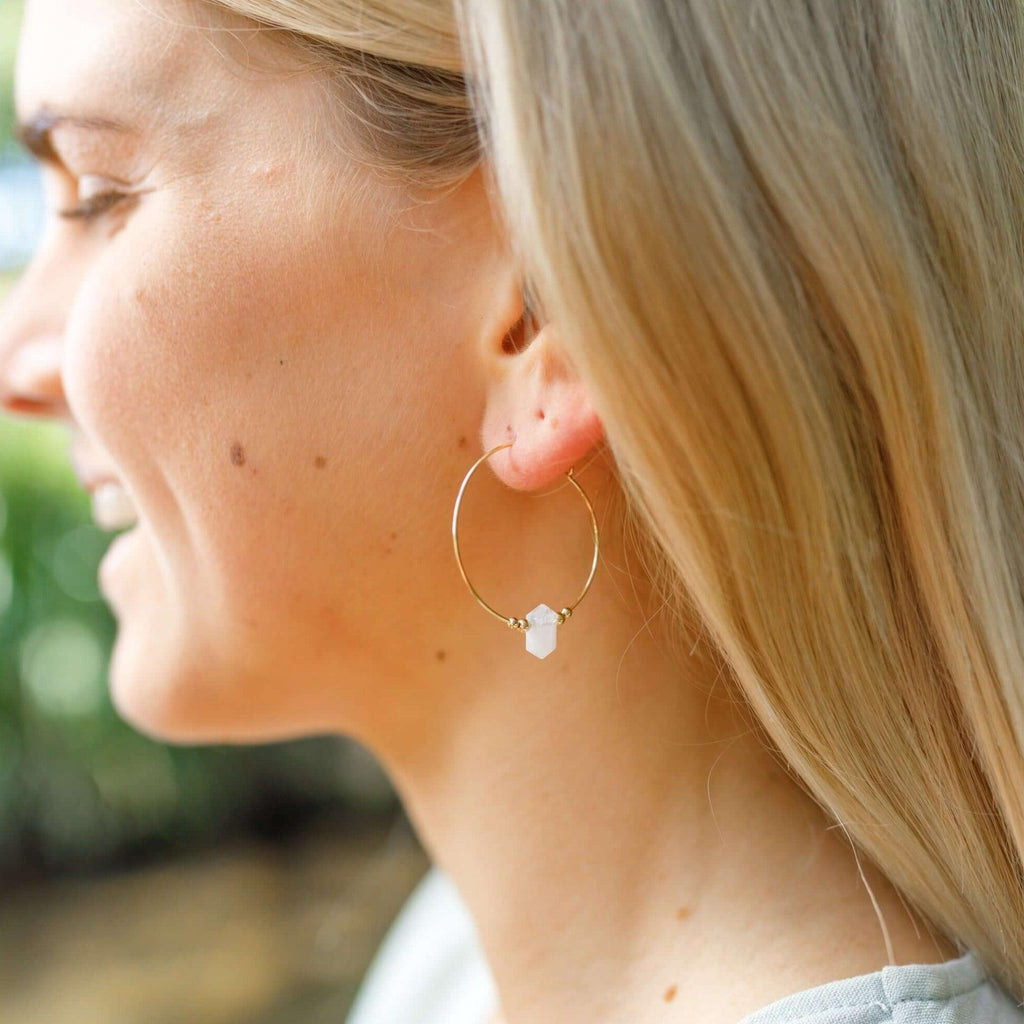 Large Hoop Rainbow Moonstone Double Terminated Crystal Point Earrings - Large Hoop Rainbow Moonstone Double Terminated Crystal Point Earrings - 14k Gold Fill - Luna Tide Handmade Crystal Jewellery