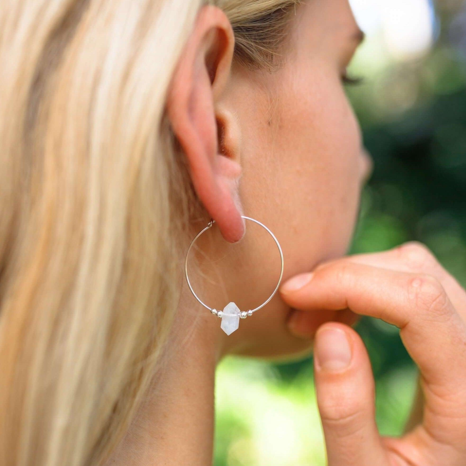 Large Hoop Rainbow Moonstone Double Terminated Crystal Point Earrings - Large Hoop Rainbow Moonstone Double Terminated Crystal Point Earrings - 14k Gold Fill - Luna Tide Handmade Crystal Jewellery