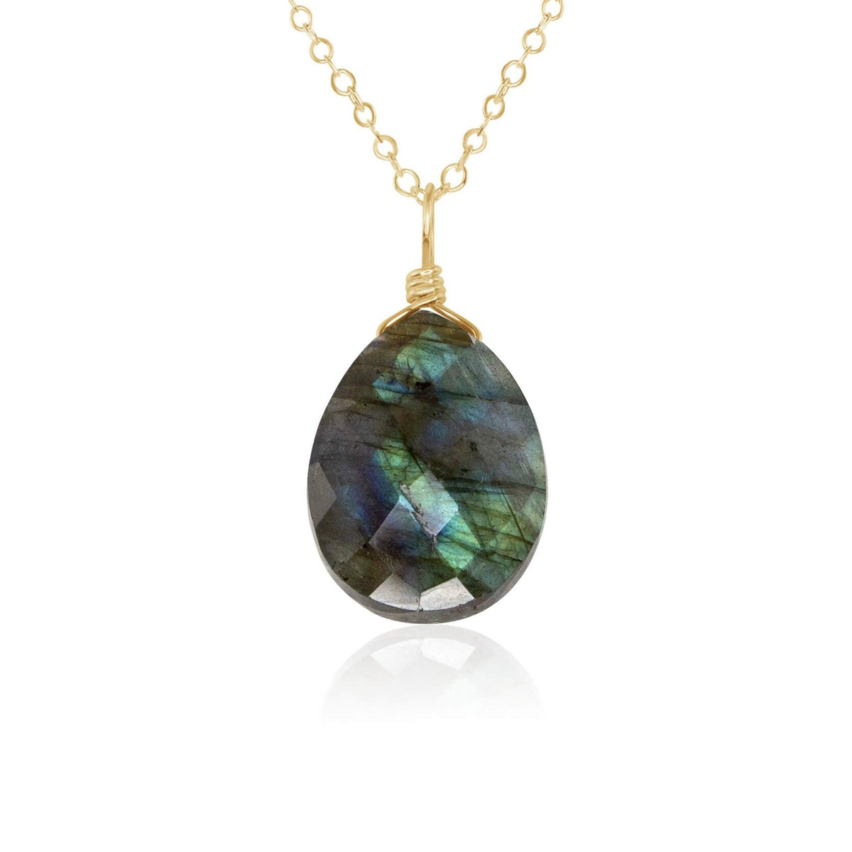 Large Labradorite Faceted Teardrop Crystal Pendant Necklace - Large Labradorite Faceted Teardrop Crystal Pendant Necklace - 14k Gold Fill / Cable - Luna Tide Handmade Crystal Jewellery