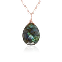 Large Labradorite Faceted Teardrop Crystal Pendant Necklace - Large Labradorite Faceted Teardrop Crystal Pendant Necklace - 14k Rose Gold Fill / Cable - Luna Tide Handmade Crystal Jewellery