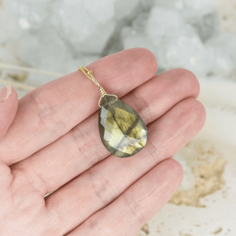 Large Labradorite Faceted Teardrop Crystal Pendant Necklace - Large Labradorite Faceted Teardrop Crystal Pendant Necklace - Sterling Silver / Cable - Luna Tide Handmade Crystal Jewellery