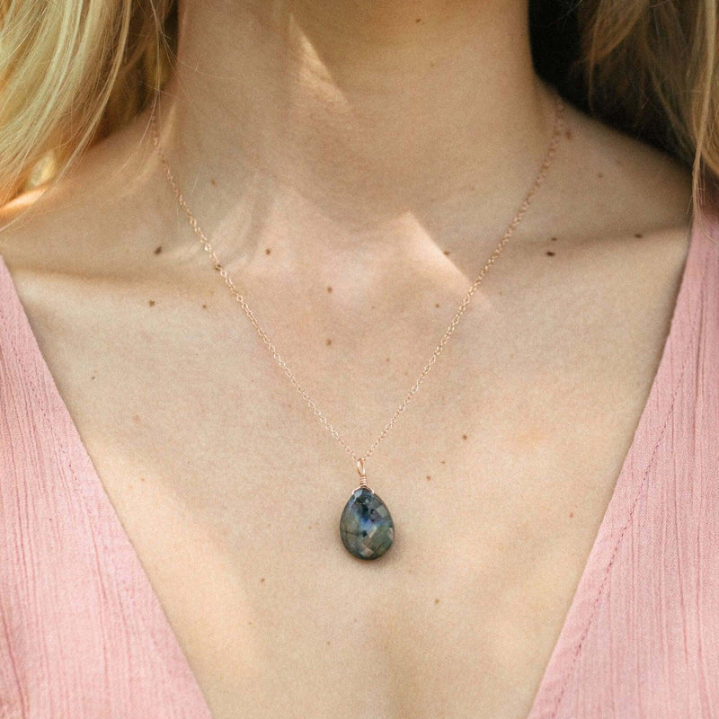 Large Labradorite Faceted Teardrop Crystal Pendant Necklace - Large Labradorite Faceted Teardrop Crystal Pendant Necklace - Sterling Silver / Cable - Luna Tide Handmade Crystal Jewellery