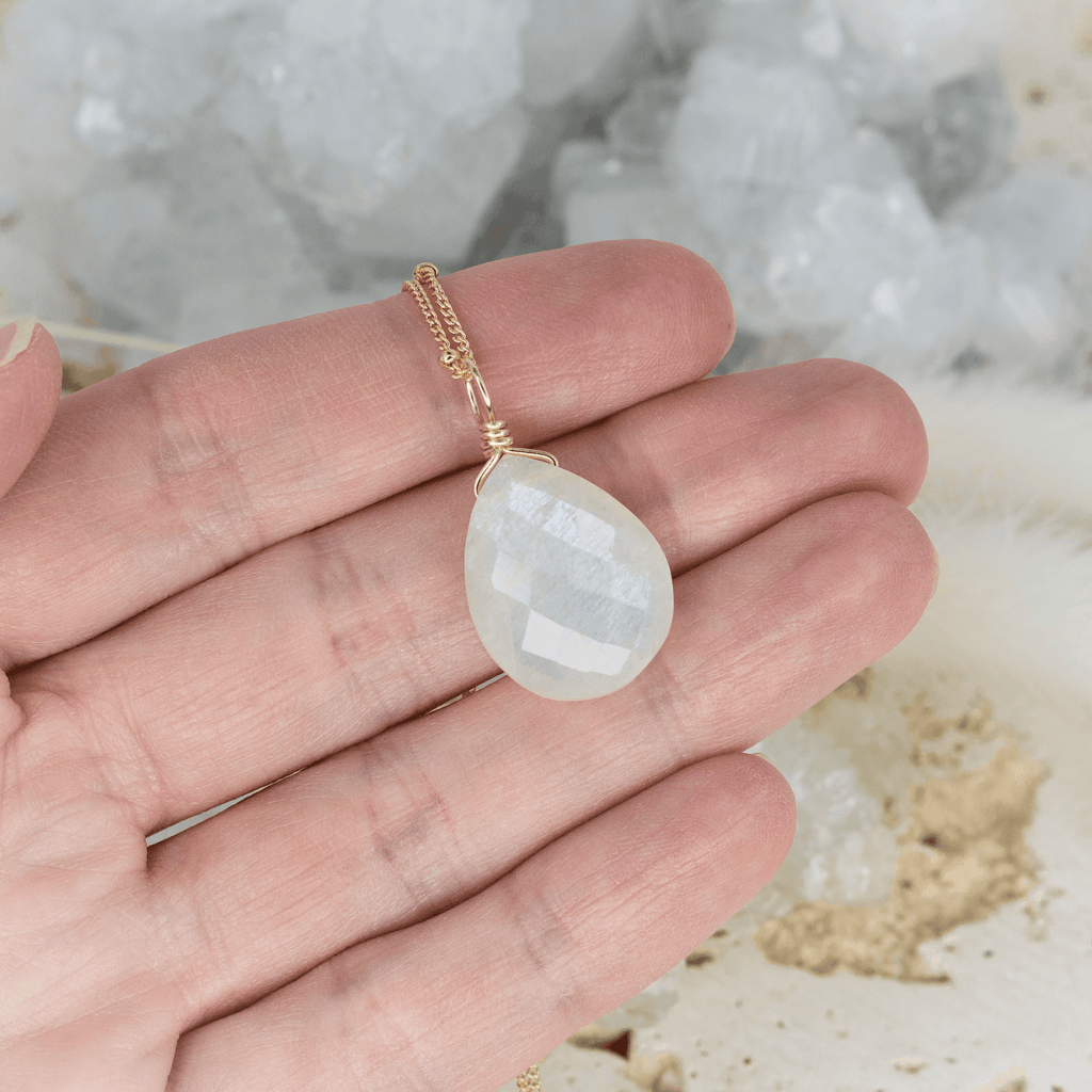 Large Rainbow Moonstone Teardrop Necklace - Large Rainbow Moonstone Teardrop Necklace - 14k Gold Fill / Cable - Luna Tide Handmade Crystal Jewellery