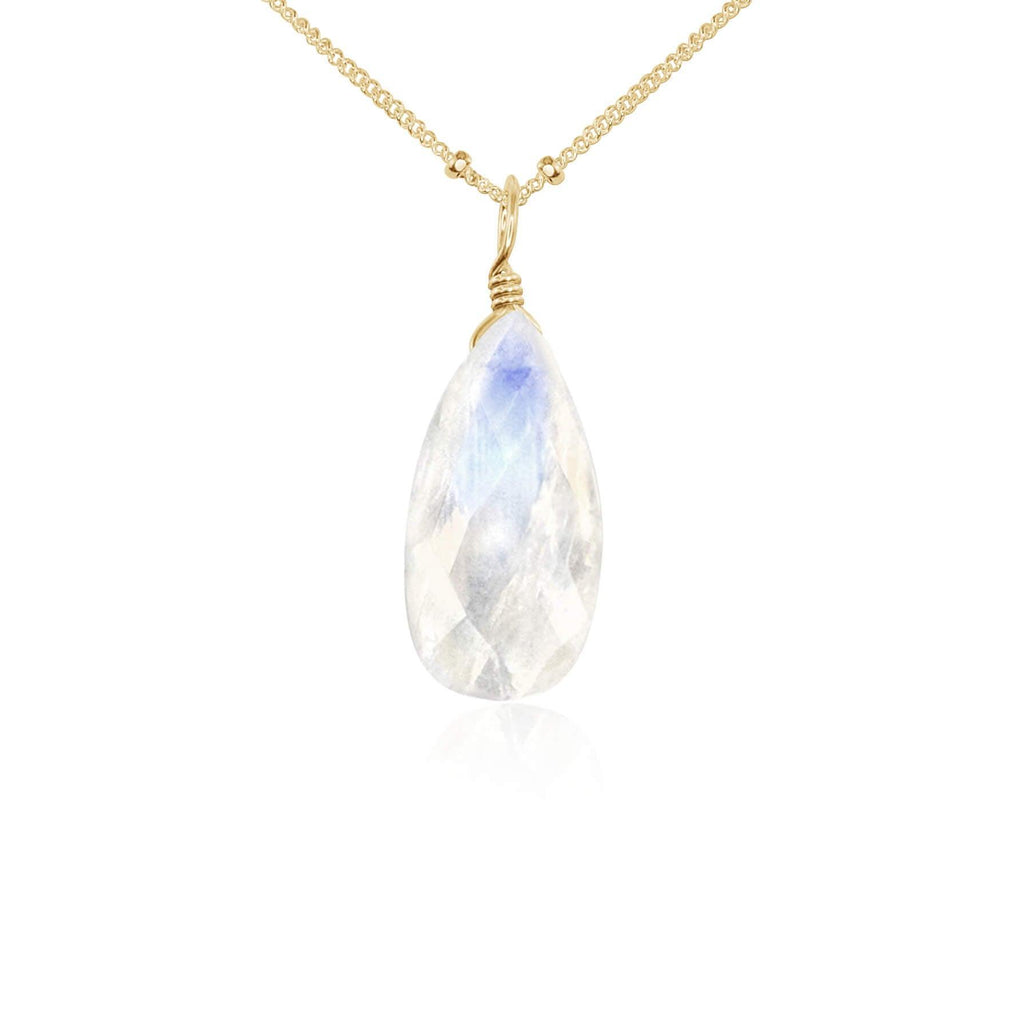 Large Rainbow Moonstone Teardrop Necklace - Large Rainbow Moonstone Teardrop Necklace - 14k Gold Fill / Satellite - Luna Tide Handmade Crystal Jewellery