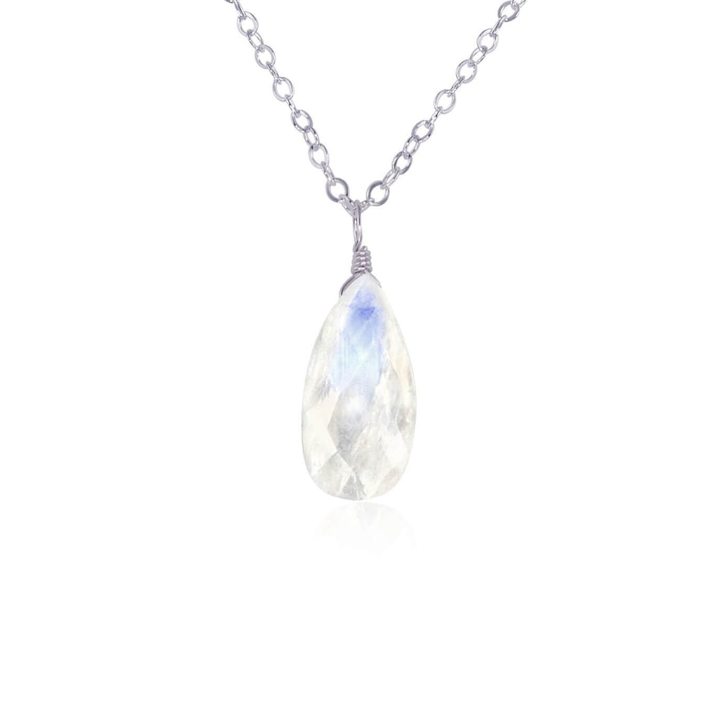 Large Rainbow Moonstone Teardrop Necklace - Large Rainbow Moonstone Teardrop Necklace - Stainless Steel / Cable - Luna Tide Handmade Crystal Jewellery