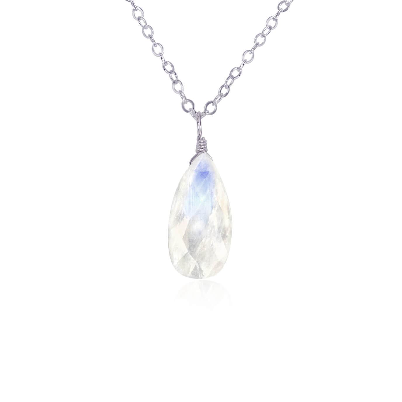 Large Rainbow Moonstone Teardrop Necklace - Large Rainbow Moonstone Teardrop Necklace - Stainless Steel / Cable - Luna Tide Handmade Crystal Jewellery