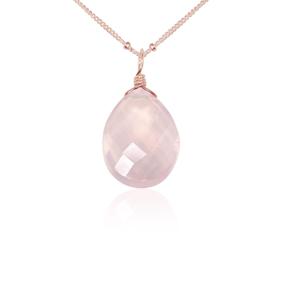 Large Rose Quartz Faceted Teardrop Crystal Pendant Necklace - Large Rose Quartz Faceted Teardrop Crystal Pendant Necklace - 14k Rose Gold Fill / Satellite - Luna Tide Handmade Crystal Jewellery