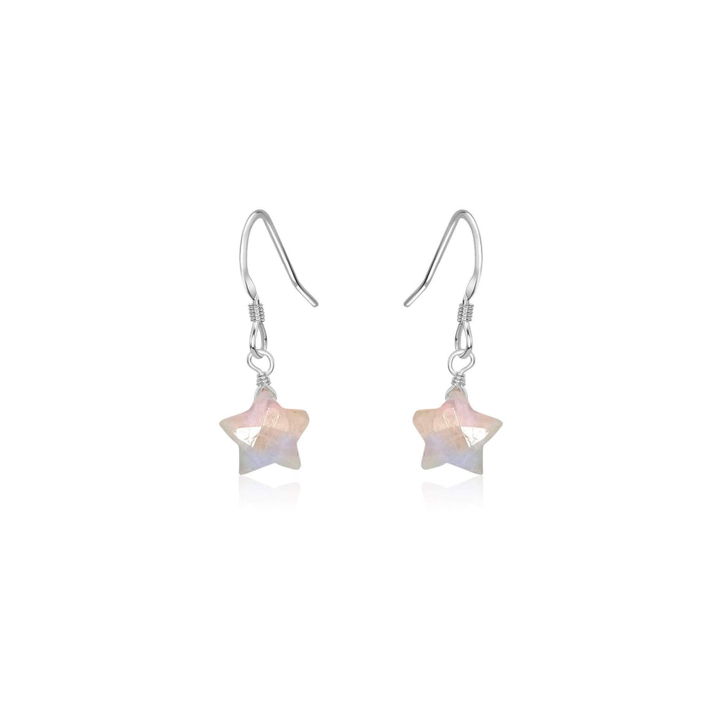 Little Rainbow Moonstone Star Dangle Drop Earrings - Little Rainbow Moonstone Star Dangle Drop Earrings - Sterling Silver - Luna Tide Handmade Crystal Jewellery