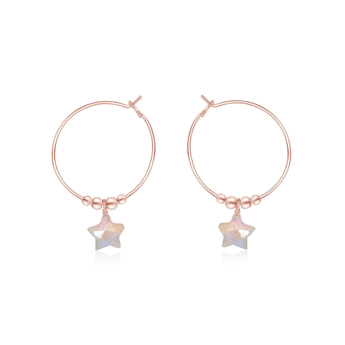 Little Rainbow Moonstone Star Hoop Earrings - Little Rainbow Moonstone Star Hoop Earrings - 14k Rose Gold Fill - Luna Tide Handmade Crystal Jewellery