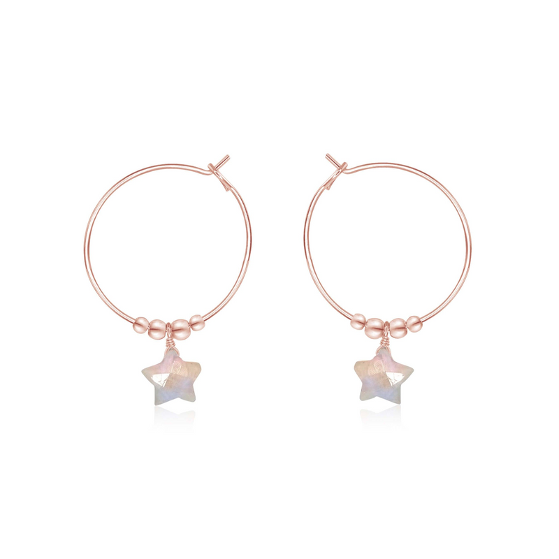 Little Rainbow Moonstone Star Hoop Earrings - Little Rainbow Moonstone Star Hoop Earrings - 14k Rose Gold Fill - Luna Tide Handmade Crystal Jewellery