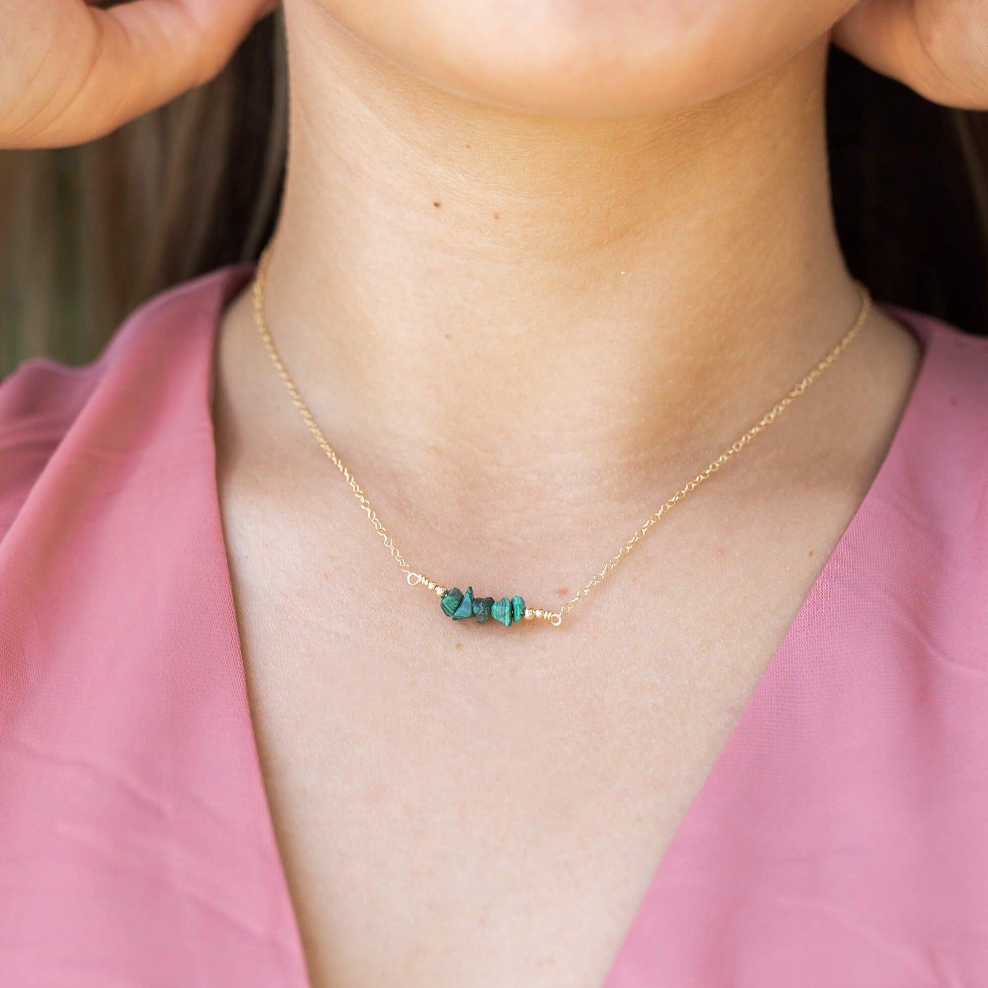 Malachite Chip Bead Bar Necklace - Malachite Chip Bead Bar Necklace - 14k Gold Fill - Luna Tide Handmade Crystal Jewellery