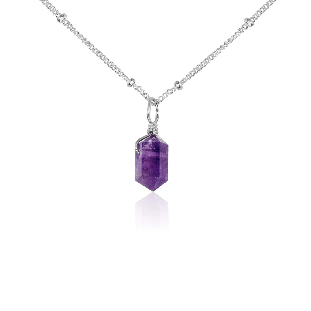 Mini Double Terminated Amethyst Crystal Point Pendant Necklace - Mini Double Terminated Amethyst Crystal Point Pendant Necklace - Sterling Silver / Satellite - Luna Tide Handmade Crystal Jewellery