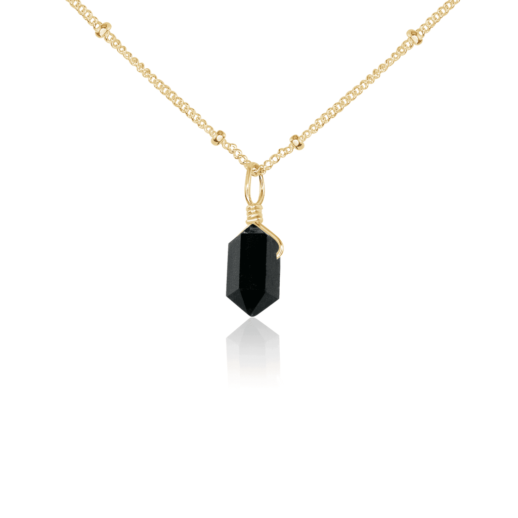 Mini Double Terminated Black Tourmaline Crystal Point Pendant Necklace - Mini Double Terminated Black Tourmaline Crystal Point Pendant Necklace - 14k Gold Fill / Satellite - Luna Tide Handmade Crystal Jewellery
