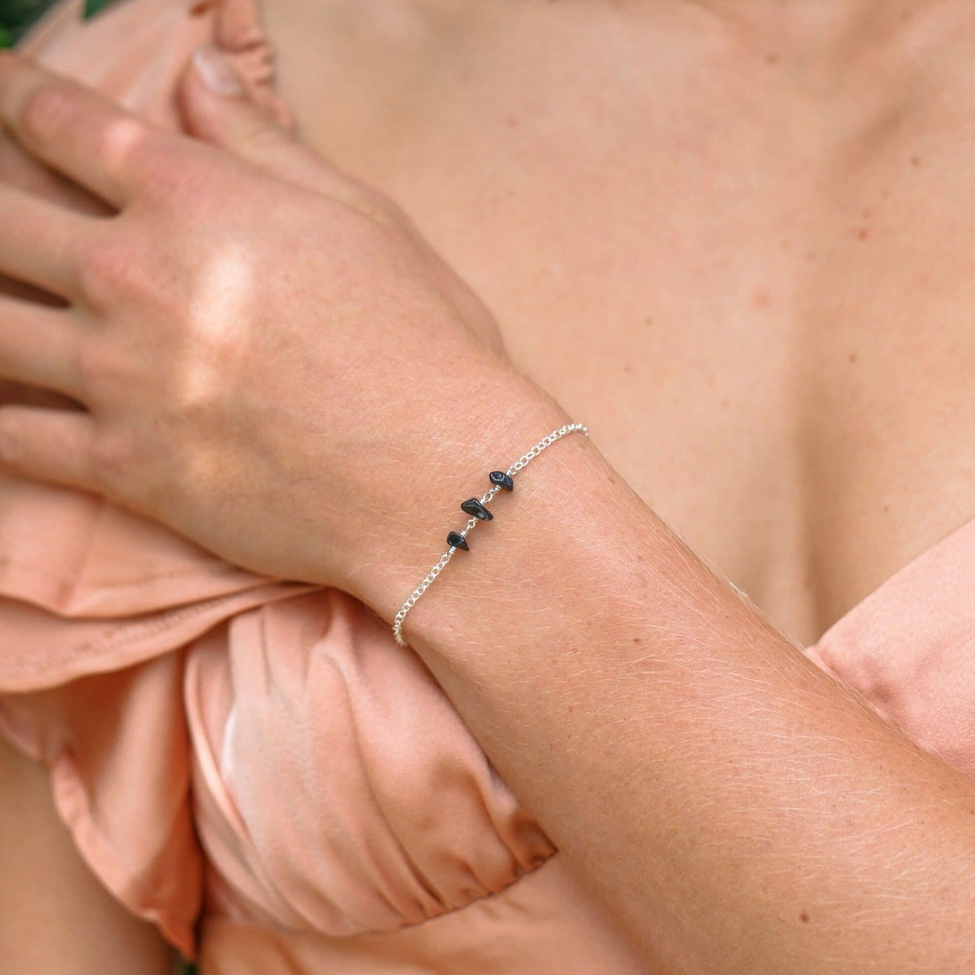 Obsidian Beaded Chain Bracelet - Obsidian Beaded Chain Bracelet - Sterling Silver - Luna Tide Handmade Crystal Jewellery