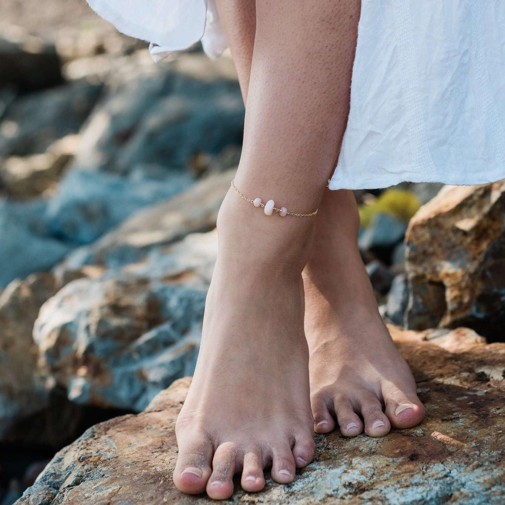 Pink Peruvian Opal Beaded Chain Anklet - Pink Peruvian Opal Beaded Chain Anklet - 14k Gold Fill - Luna Tide Handmade Crystal Jewellery