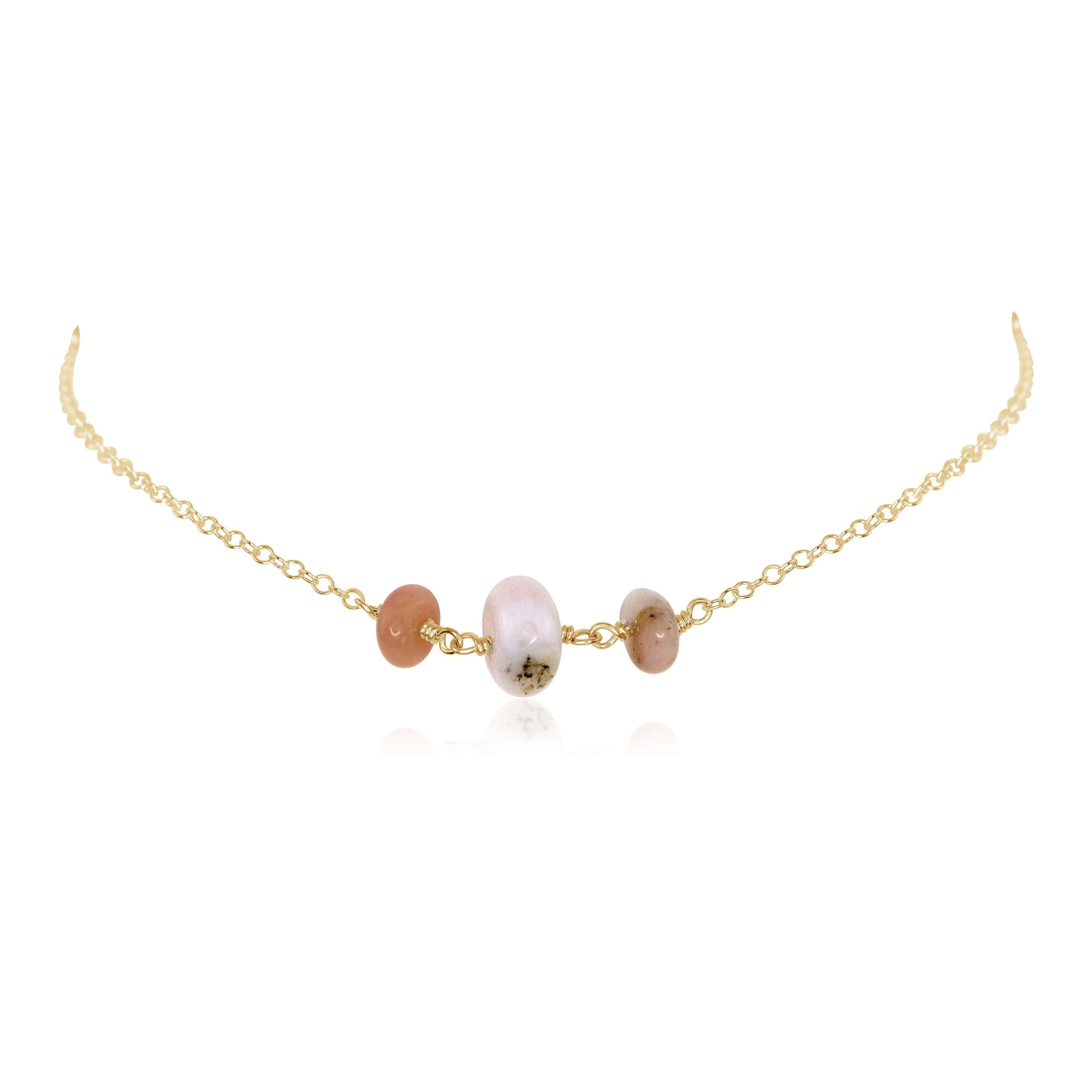 Pink Peruvian Opal Beaded Chain Choker Necklace - Pink Peruvian Opal Beaded Chain Choker Necklace - 14k Gold Fill - Luna Tide Handmade Crystal Jewellery