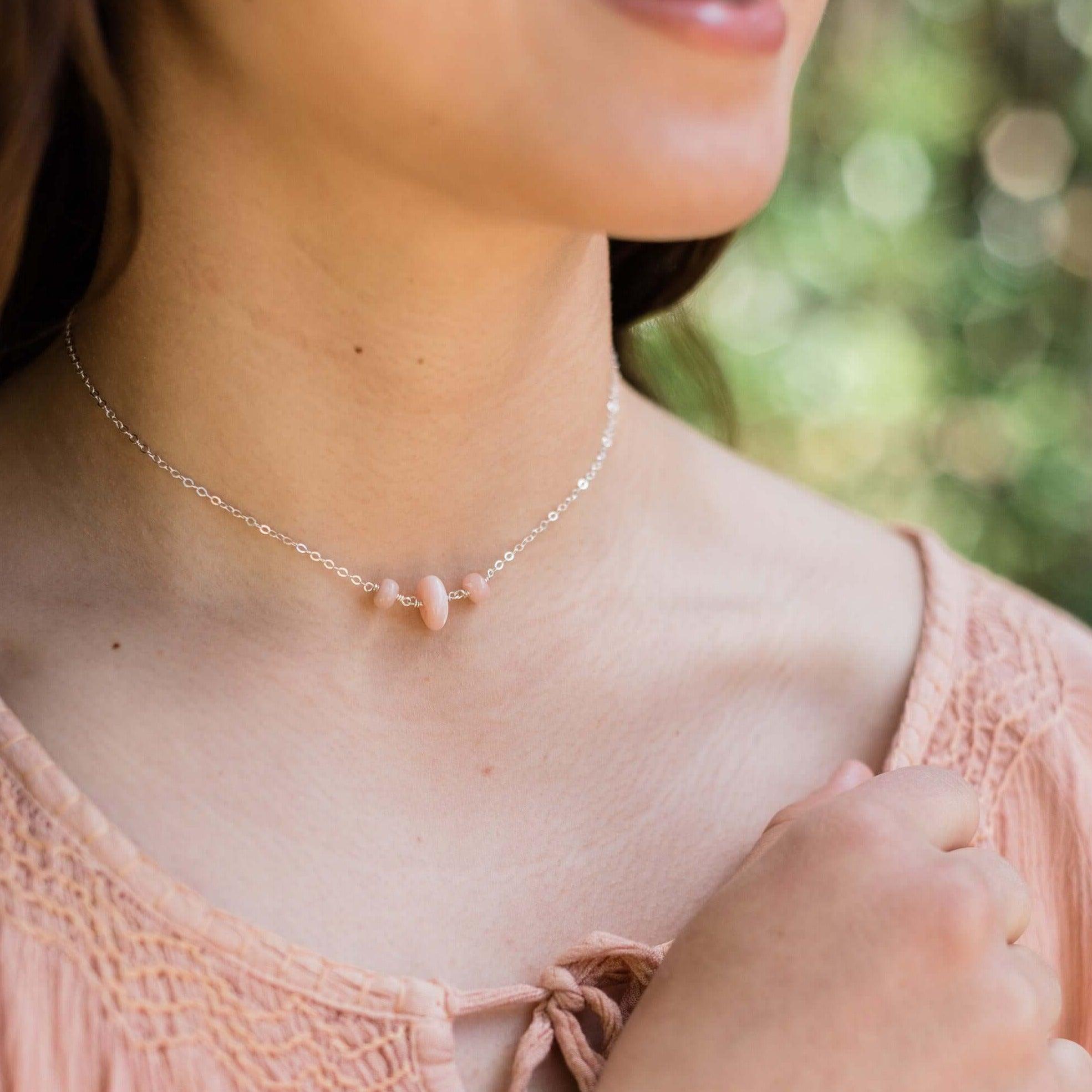 Pink Peruvian Opal Beaded Chain Choker Necklace - Pink Peruvian Opal Beaded Chain Choker Necklace - 14k Gold Fill - Luna Tide Handmade Crystal Jewellery