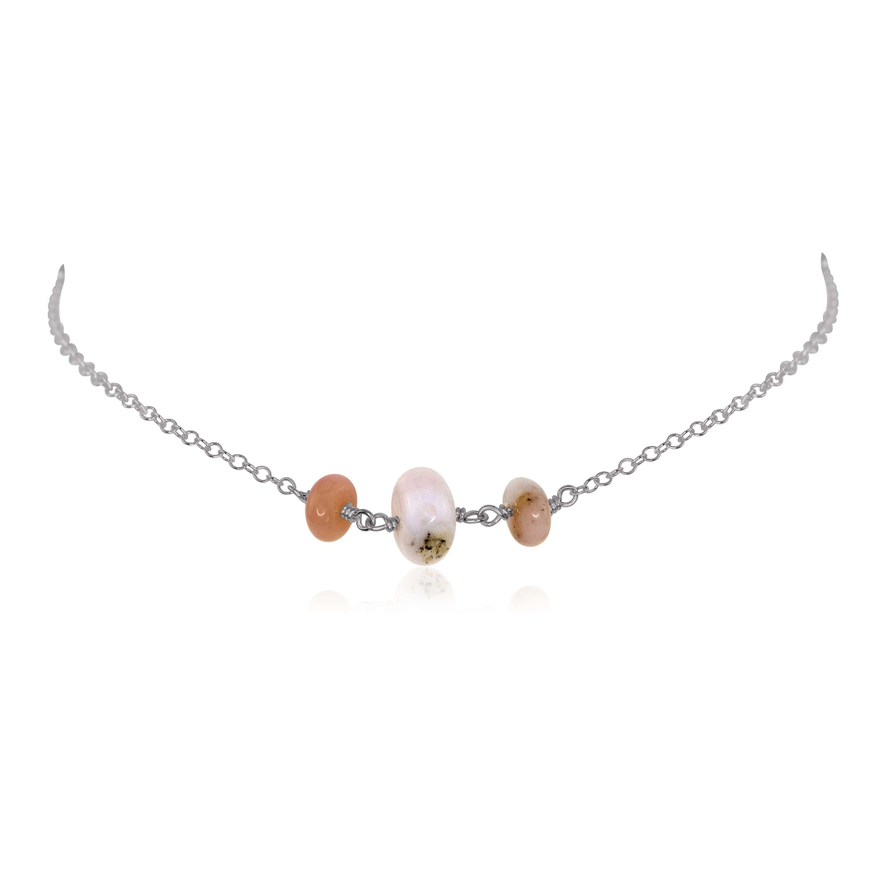 Pink Peruvian Opal Beaded Chain Choker Necklace - Pink Peruvian Opal Beaded Chain Choker Necklace - Stainless Steel - Luna Tide Handmade Crystal Jewellery