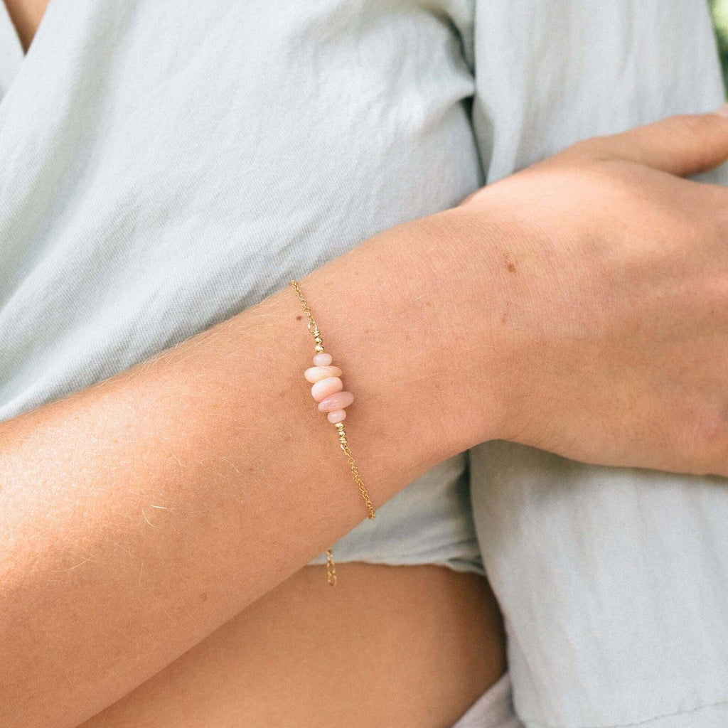 Pink Peruvian opal Chip Bead Bar Bracelet - Pink Peruvian opal Chip Bead Bar Bracelet - 14k Gold Fill - Luna Tide Handmade Crystal Jewellery