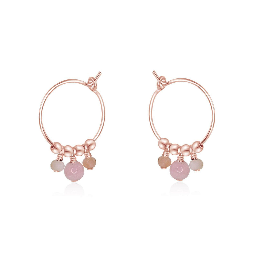 Pink Peruvian Opal Gemstone Bead Drop Hoop Earrings - Pink Peruvian Opal Gemstone Bead Drop Hoop Earrings - 14k Rose Gold Fill - Luna Tide Handmade Crystal Jewellery