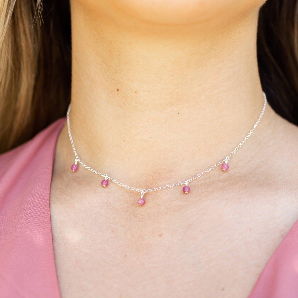 Pink Tourmaline Bead Drop Choker - Pink Tourmaline Bead Drop Choker - Sterling Silver - Luna Tide Handmade Crystal Jewellery