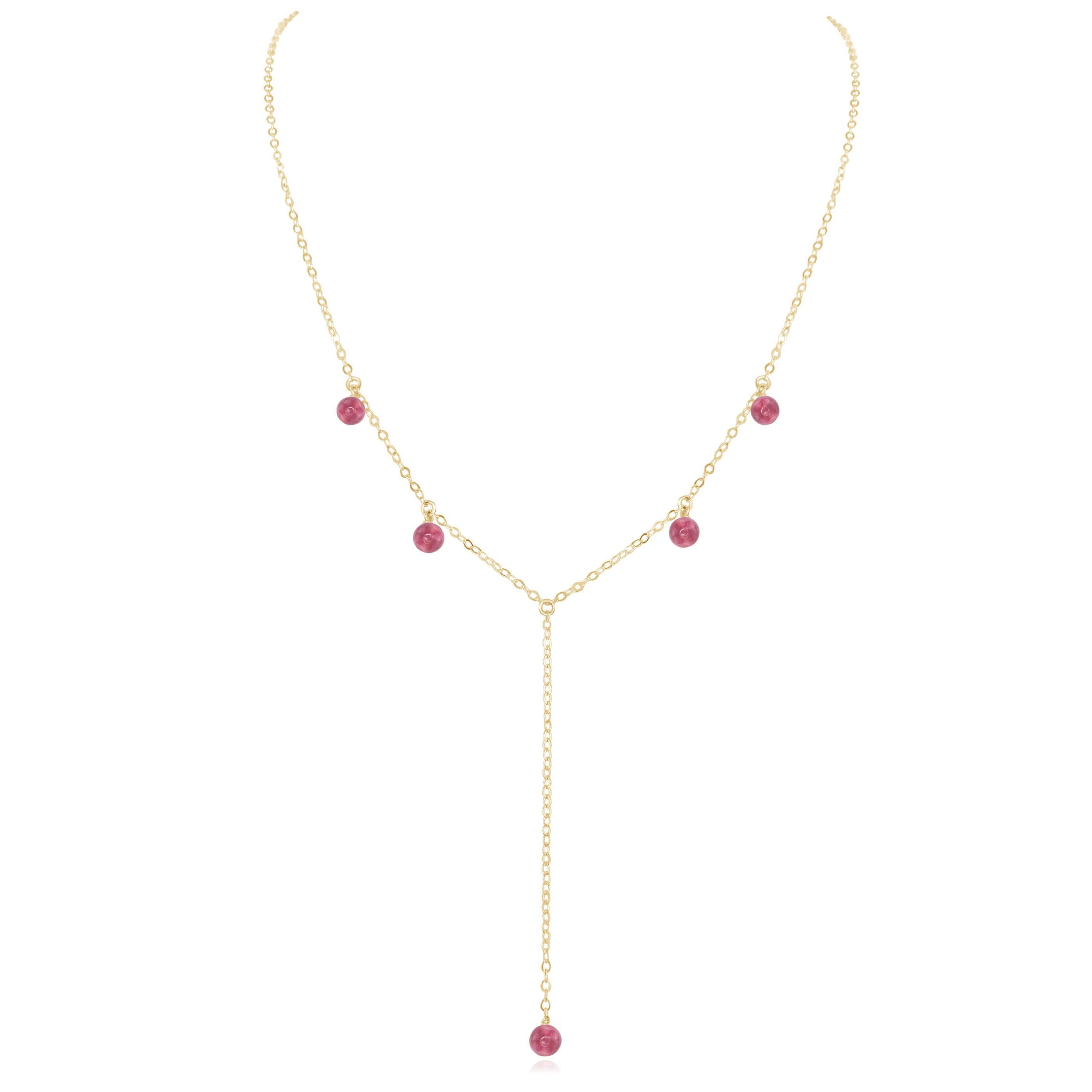 Pink Tourmaline Boho Lariat Necklace - Pink Tourmaline Boho Lariat Necklace - 14k Gold Fill - Luna Tide Handmade Crystal Jewellery