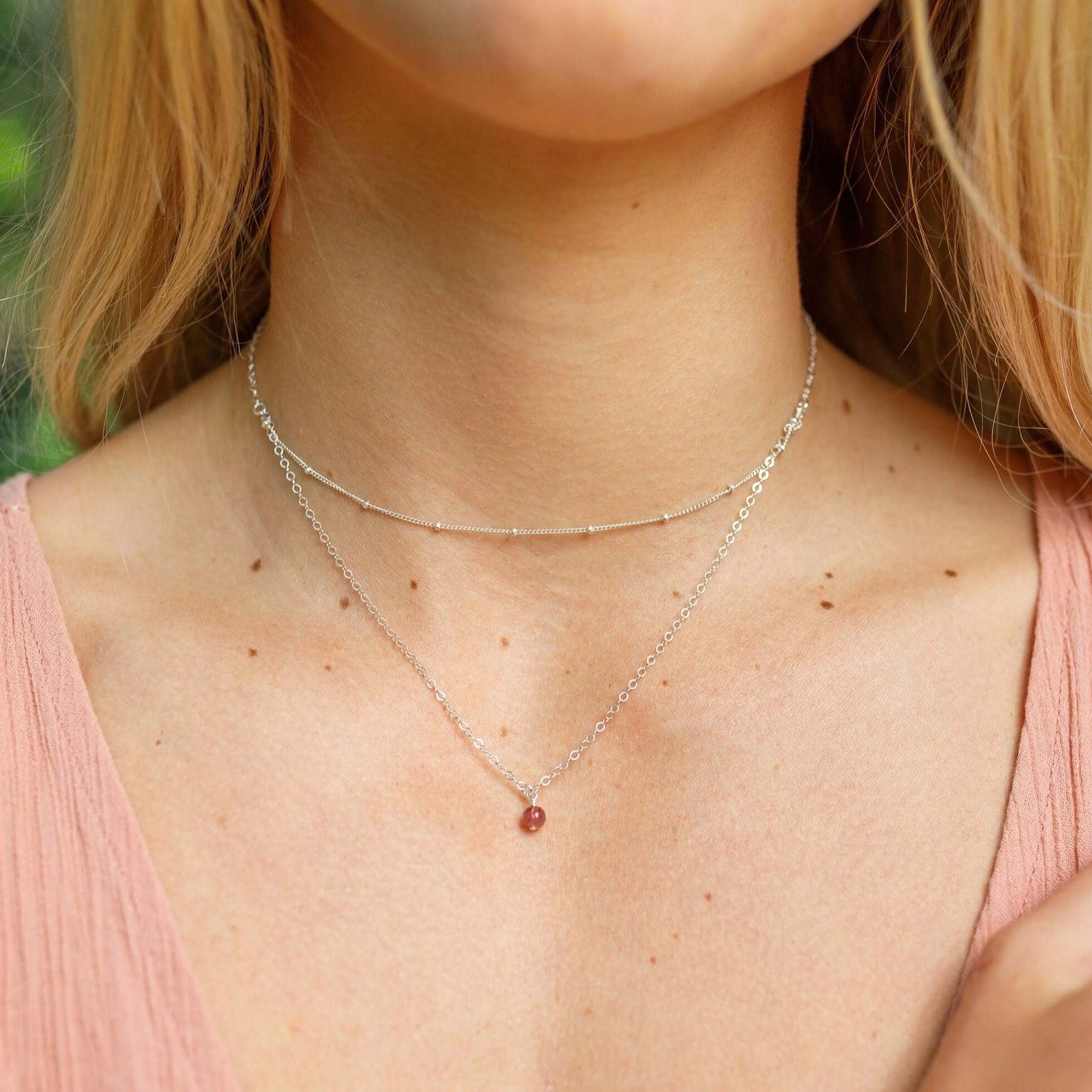 Pink Tourmaline Gemstone Chain Layered Choker Necklace - Pink Tourmaline Gemstone Chain Layered Choker Necklace - Sterling Silver - Luna Tide Handmade Crystal Jewellery