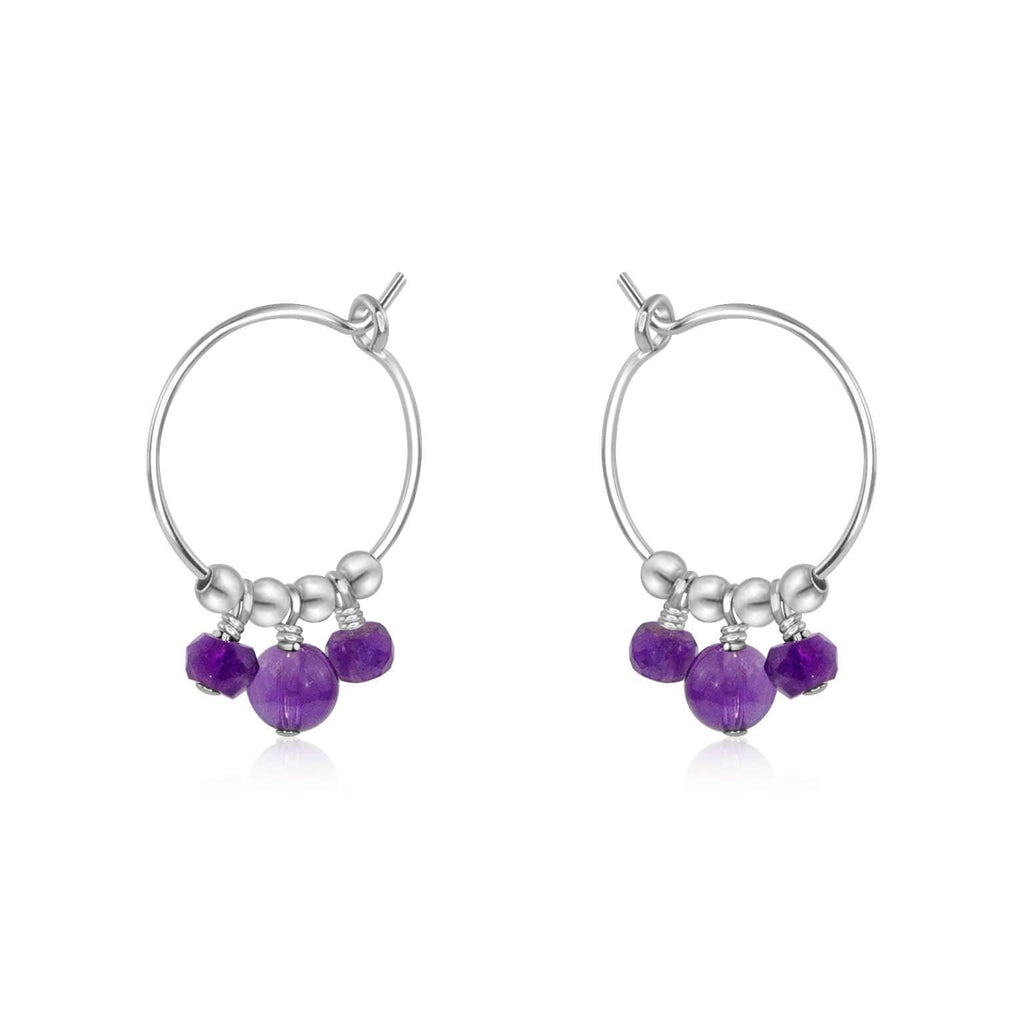 Purple Amethyst Gemstone Bead Drop Hoop Earrings - Purple Amethyst Gemstone Bead Drop Hoop Earrings - Sterling Silver - Luna Tide Handmade Crystal Jewellery