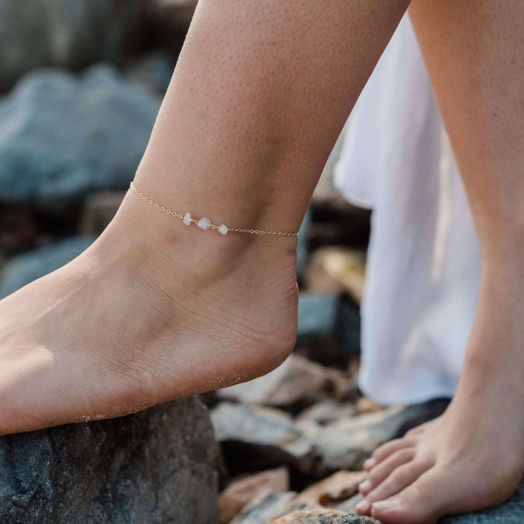 Rainbow Moonstone Beaded Chain Anklet - Rainbow Moonstone Beaded Chain Anklet - 14k Gold Fill - Luna Tide Handmade Crystal Jewellery