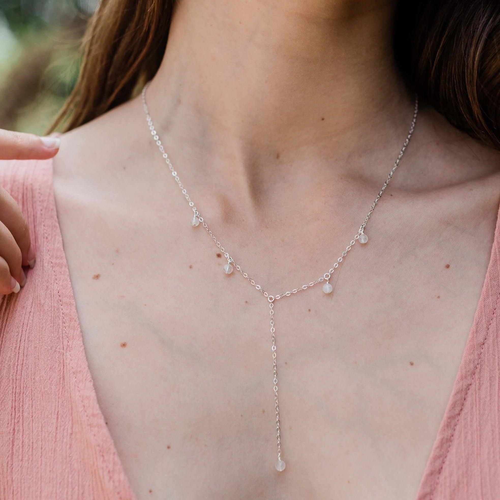 Rainbow Moonstone Boho Lariat Necklace - Rainbow Moonstone Boho Lariat Necklace - 14k Gold Fill - Luna Tide Handmade Crystal Jewellery