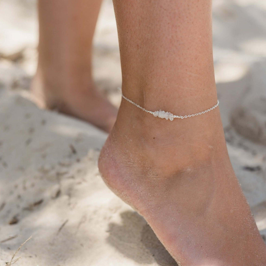 Rainbow moonstone Chip Bead Bar Anklet - Rainbow moonstone Chip Bead Bar Anklet - Sterling Silver - Luna Tide Handmade Crystal Jewellery