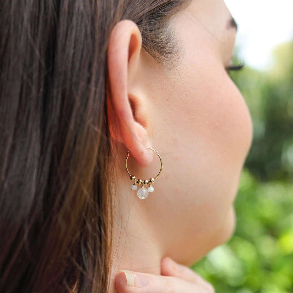 Rainbow Moonstone Gemstone Bead Drop Hoop Earrings - Rainbow Moonstone Gemstone Bead Drop Hoop Earrings - 14k Gold Fill - Luna Tide Handmade Crystal Jewellery
