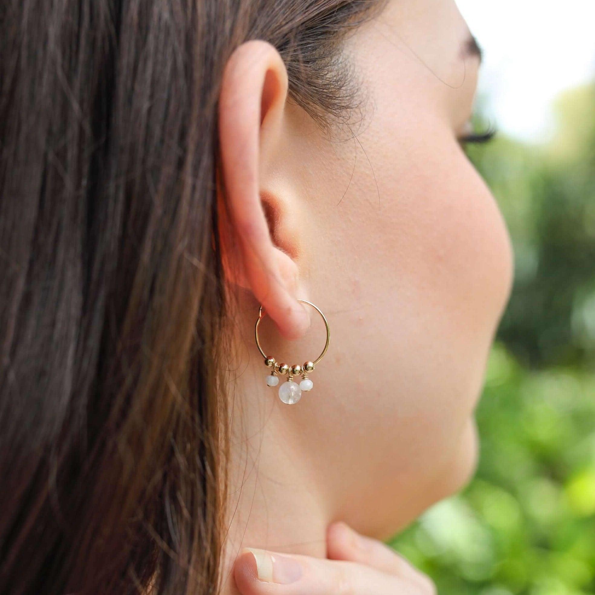 Rainbow Moonstone Gemstone Bead Drop Hoop Earrings - Rainbow Moonstone Gemstone Bead Drop Hoop Earrings - 14k Gold Fill - Luna Tide Handmade Crystal Jewellery