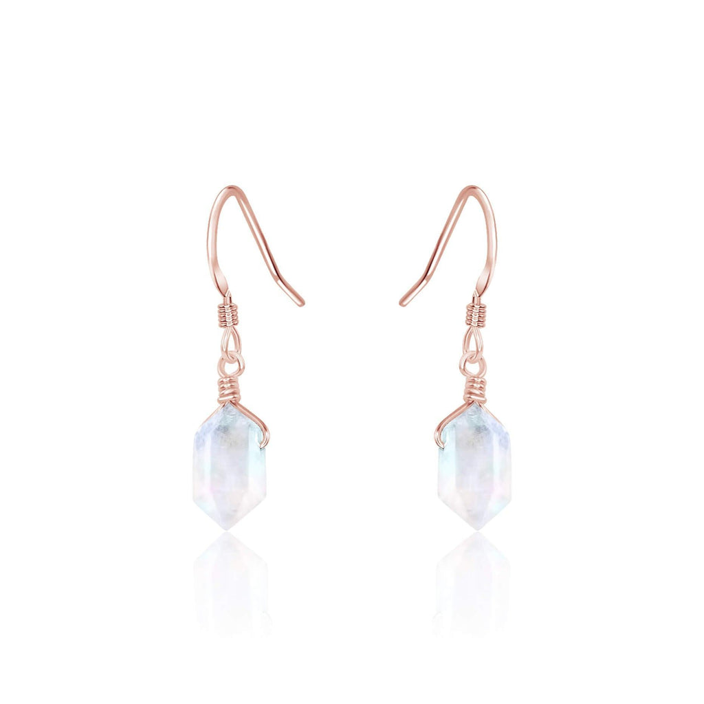 Rainbow Moonstone Mini Double Terminated Crystal Point Dangle Drop Earrings - Rainbow Moonstone Mini Double Terminated Crystal Point Dangle Drop Earrings - 14k Rose Gold Fill - Luna Tide Handmade Crystal Jewellery
