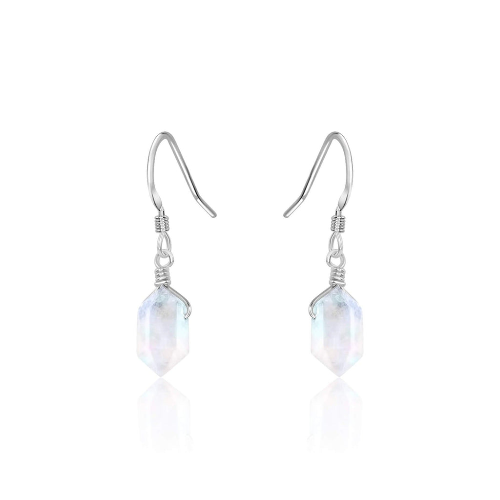 Rainbow Moonstone Mini Double Terminated Crystal Point Dangle Drop Earrings - Rainbow Moonstone Mini Double Terminated Crystal Point Dangle Drop Earrings - Sterling Silver - Luna Tide Handmade Crystal Jewellery