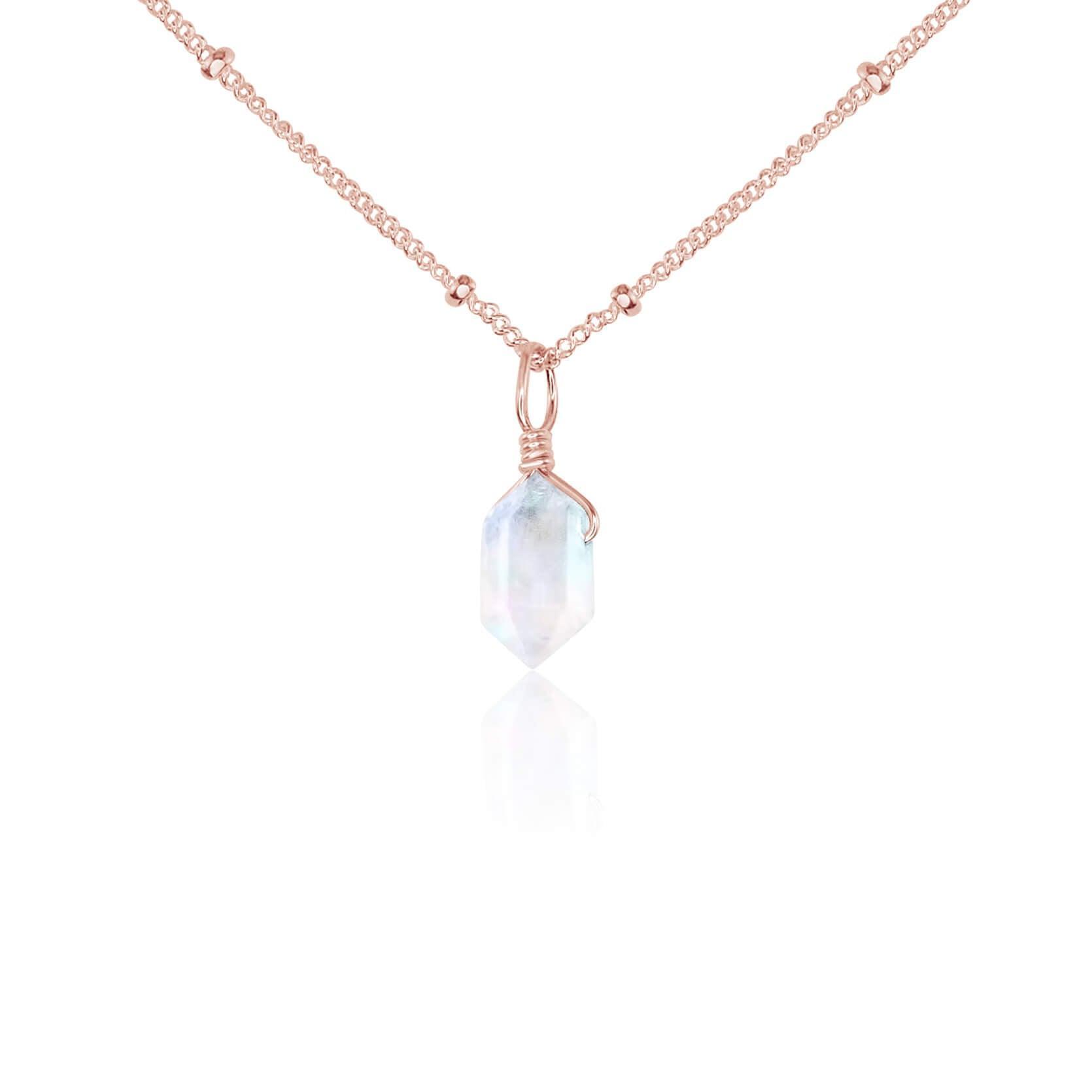 Rainbow Moonstone Mini Double Terminated Crystal Point Pendant Necklace - Rainbow Moonstone Mini Double Terminated Crystal Point Pendant Necklace - 14k Rose Gold Fill / Satellite - Luna Tide Handmade Crystal Jewellery