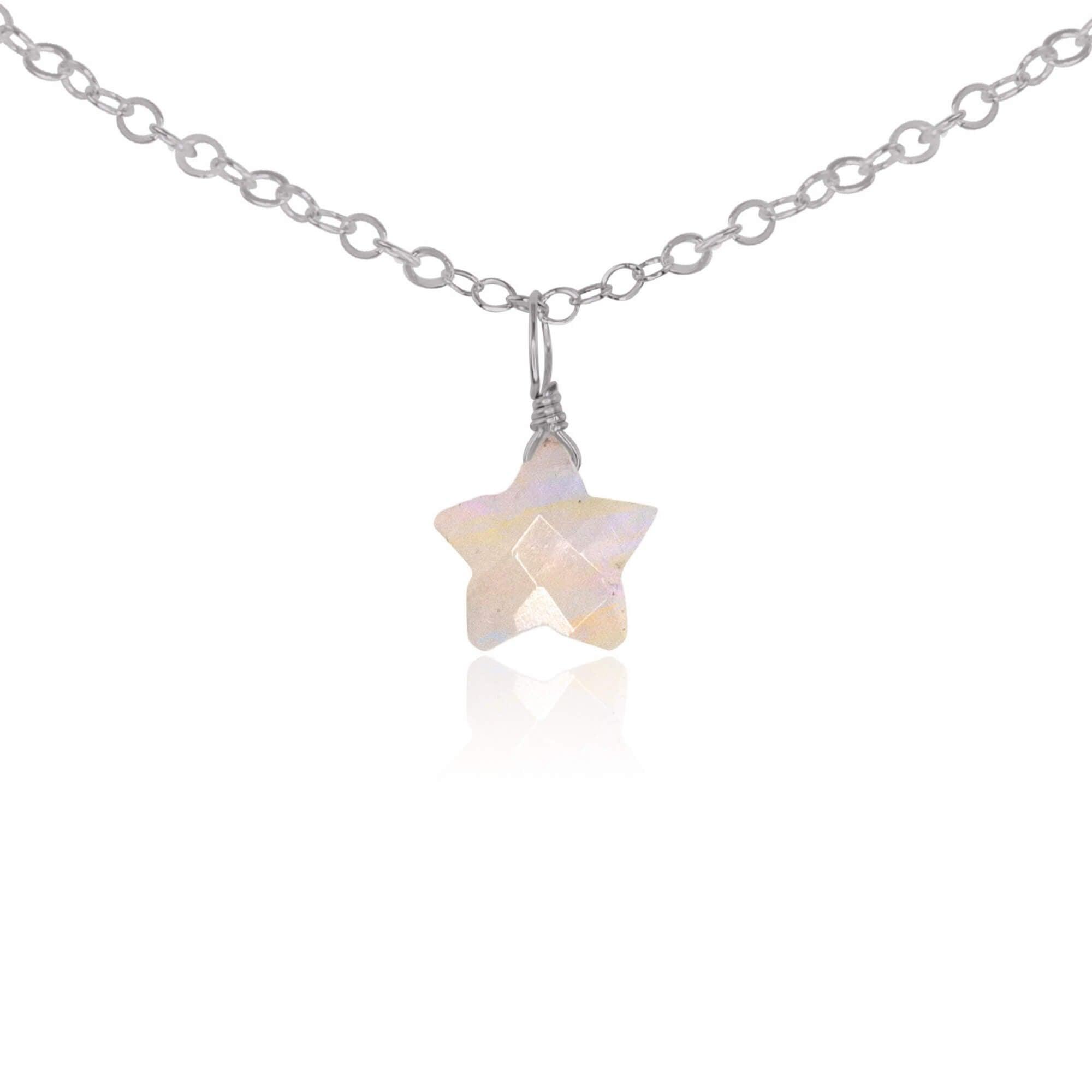 Rainbow Moonstone Tiny Star Pendant Choker Necklace - Rainbow Moonstone Tiny Star Pendant Choker Necklace - Stainless Steel - Luna Tide Handmade Crystal Jewellery
