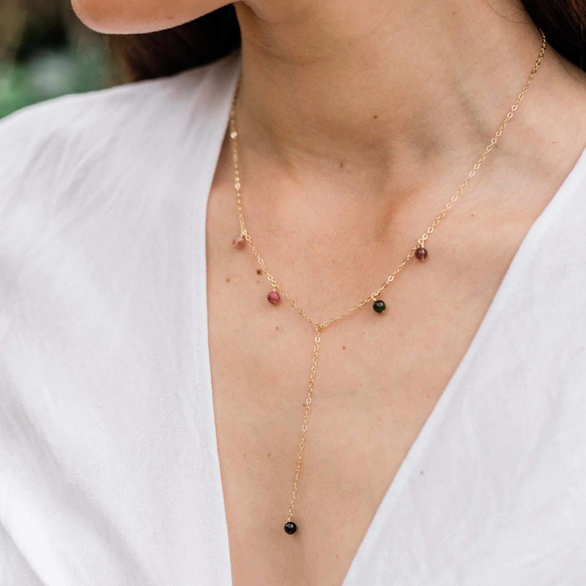Rainbow Tourmaline Boho Lariat Necklace - Rainbow Tourmaline Boho Lariat Necklace - Sterling Silver - Luna Tide Handmade Crystal Jewellery