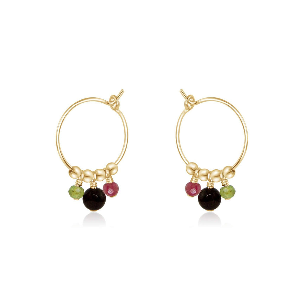 Rainbow Tourmaline Gemstone Bead Drop Hoop Earrings - Rainbow Tourmaline Gemstone Bead Drop Hoop Earrings - 14k Gold Fill - Luna Tide Handmade Crystal Jewellery
