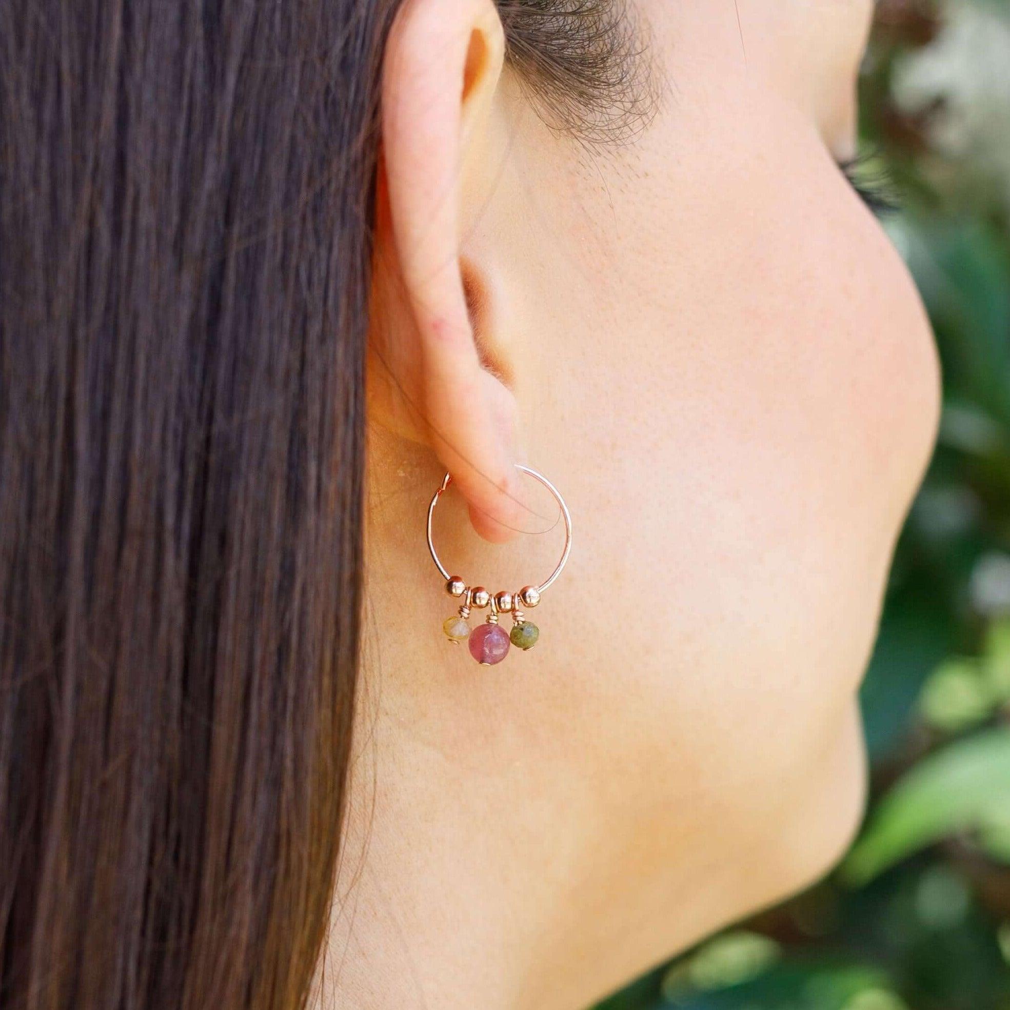 Rainbow Tourmaline Gemstone Bead Drop Hoop Earrings - Rainbow Tourmaline Gemstone Bead Drop Hoop Earrings - 14k Gold Fill - Luna Tide Handmade Crystal Jewellery