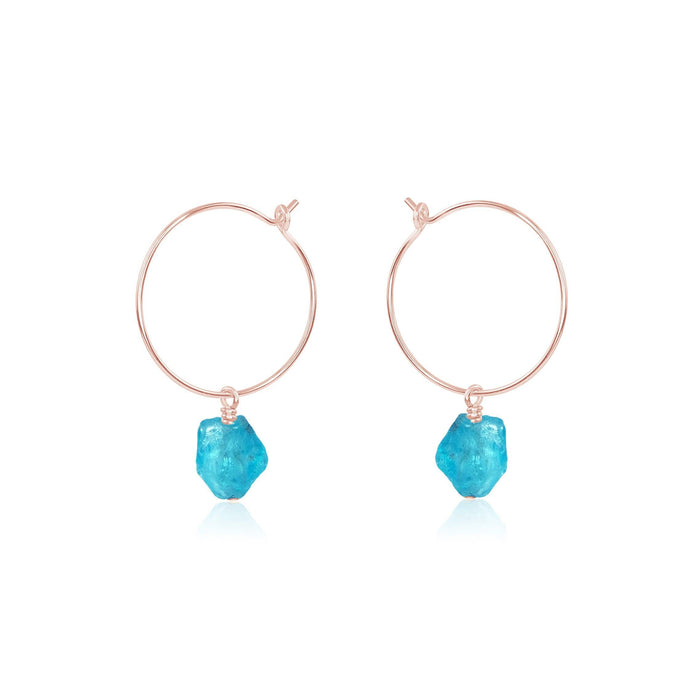Raw Apatite Gemstone Dangle Hoop Earrings - Raw Apatite Gemstone Dangle Hoop Earrings - 14k Rose Gold Fill - Luna Tide Handmade Crystal Jewellery