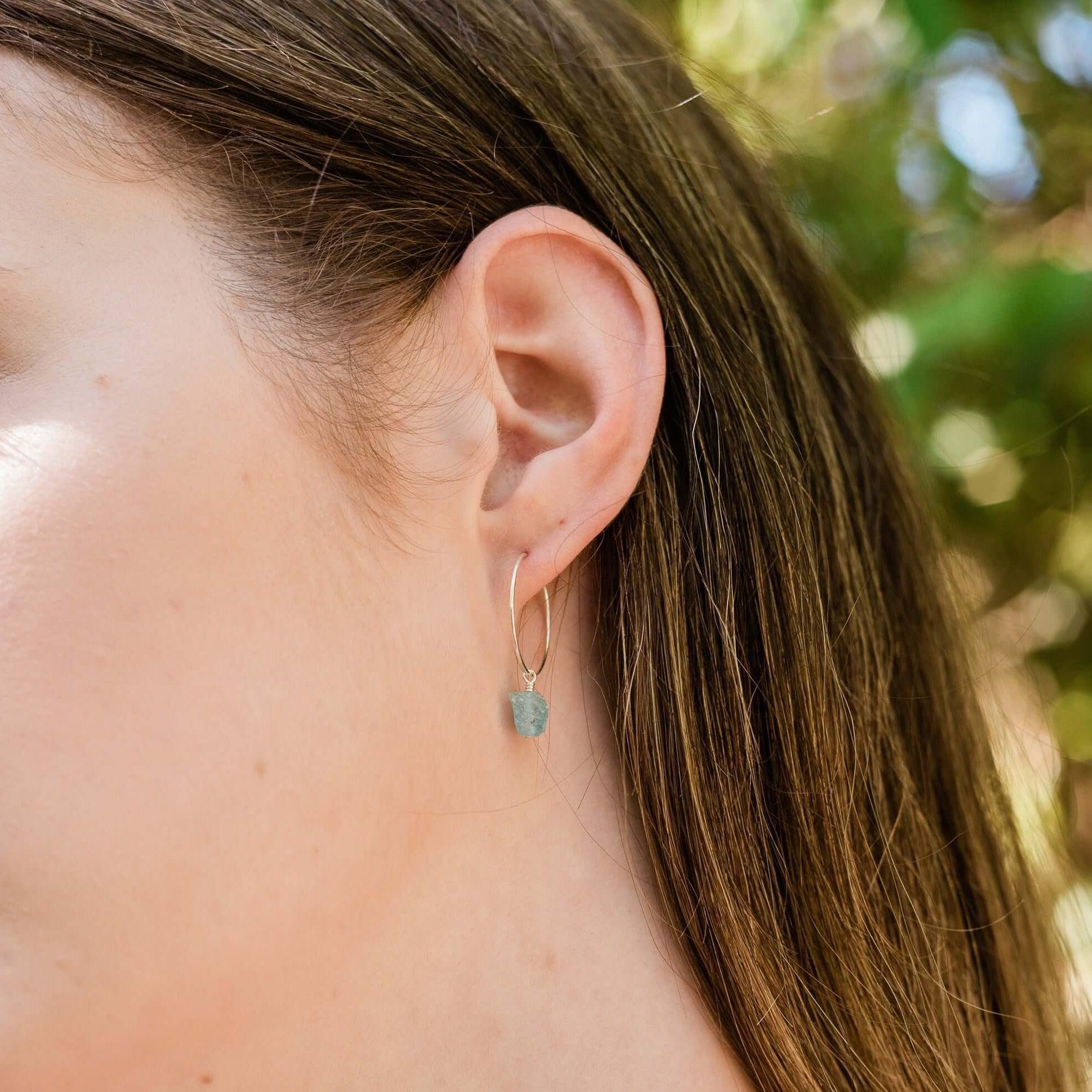 Raw Apatite Gemstone Dangle Hoop Earrings - Raw Apatite Gemstone Dangle Hoop Earrings - Sterling Silver - Luna Tide Handmade Crystal Jewellery
