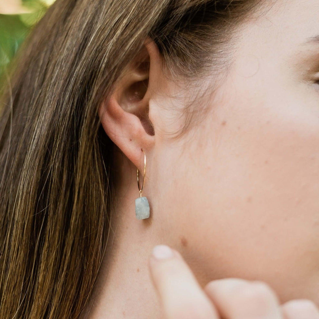 Raw Aquamarine Gemstone Dangle Hoop Earrings - Raw Aquamarine Gemstone Dangle Hoop Earrings - Sterling Silver - Luna Tide Handmade Crystal Jewellery