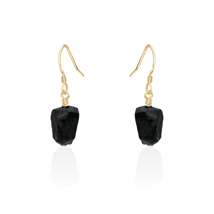 Raw Black Obsidian Crystal Dangle Drop Earrings - Raw Black Obsidian Crystal Dangle Drop Earrings - 14k Gold Fill - Luna Tide Handmade Crystal Jewellery