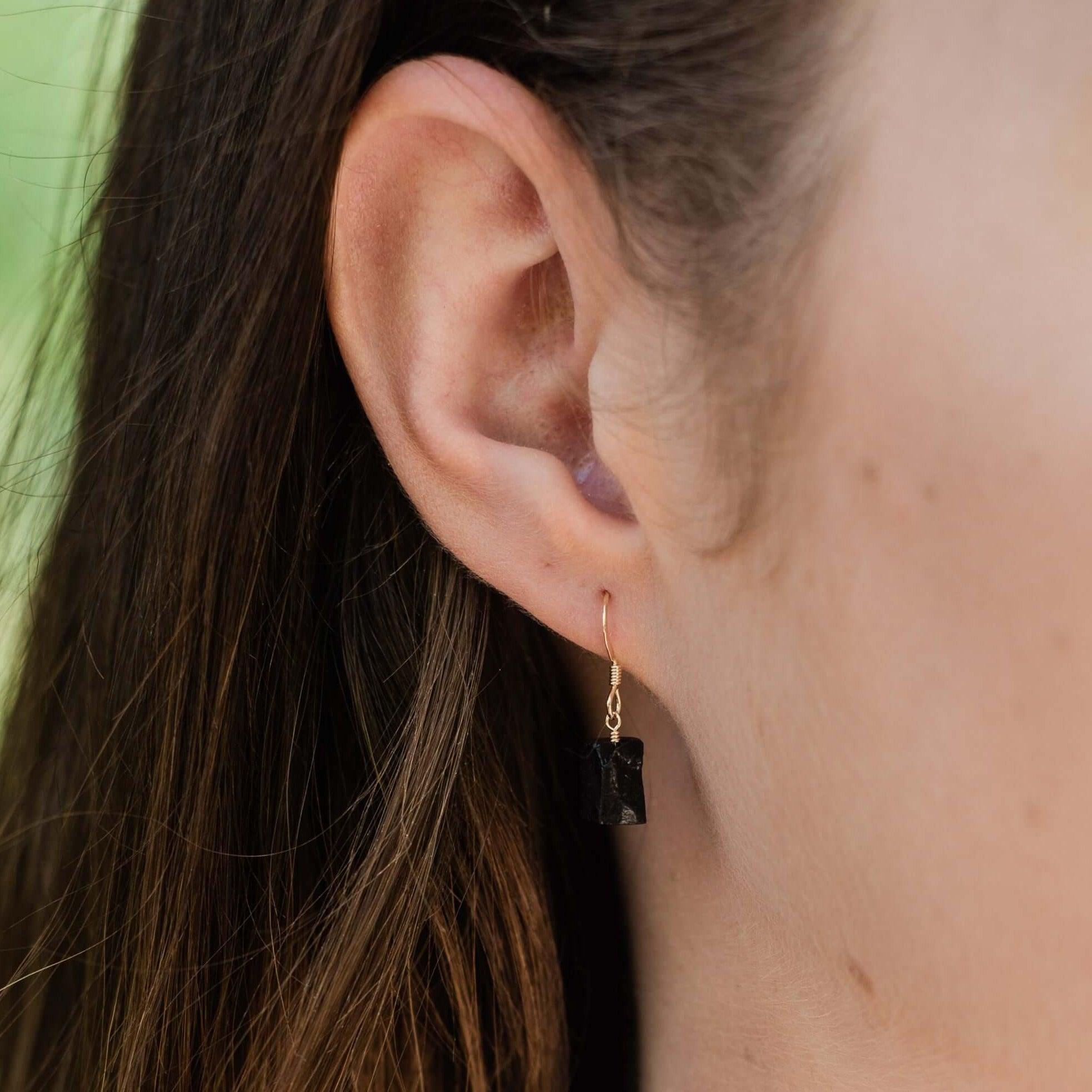Raw Black Tourmaline Crystal Dangle Drop Earrings - Raw Black Tourmaline Crystal Dangle Drop Earrings - Sterling Silver - Luna Tide Handmade Crystal Jewellery