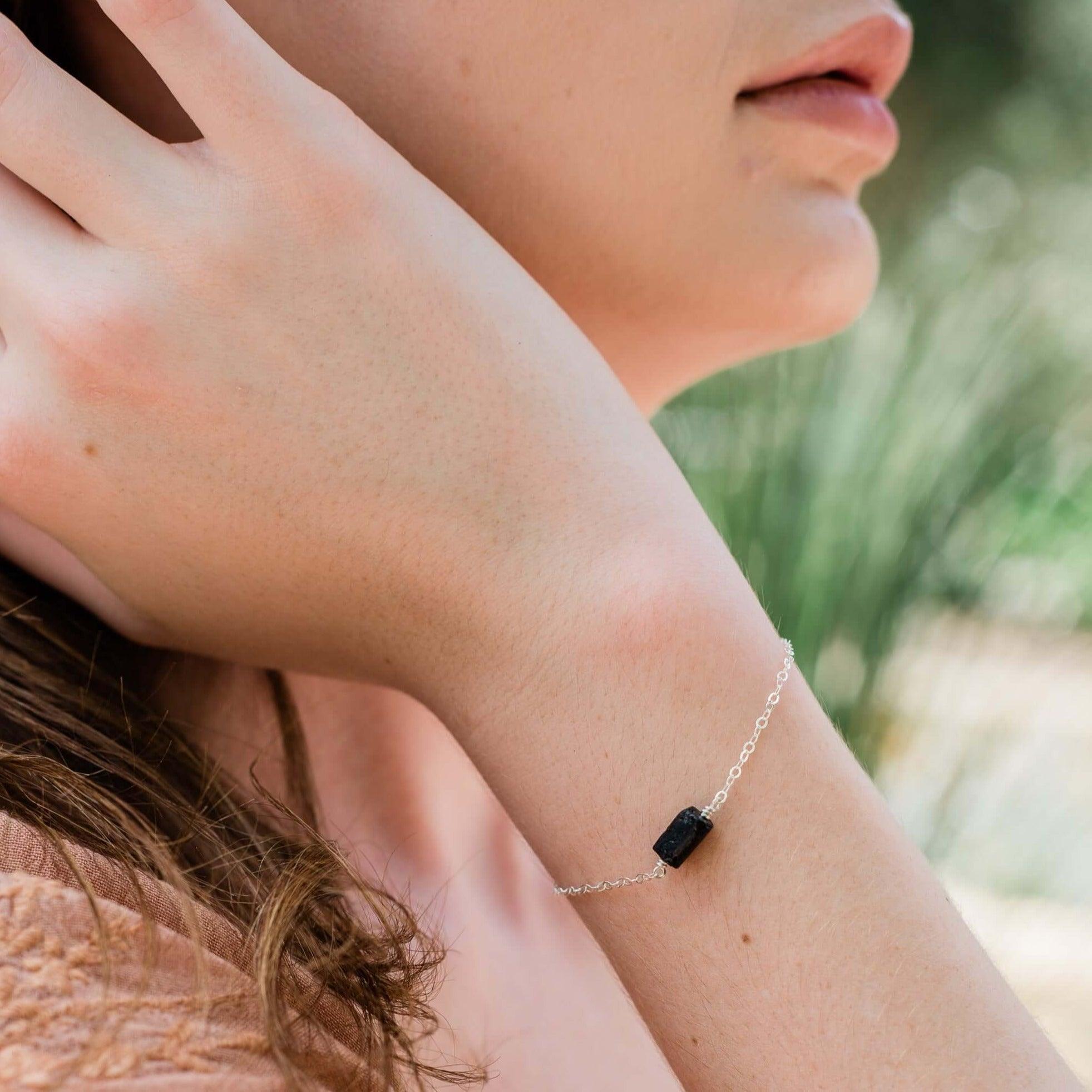 Raw Black Tourmaline Crystal Nugget Bracelet - Raw Black Tourmaline Crystal Nugget Bracelet - Sterling Silver - Luna Tide Handmade Crystal Jewellery