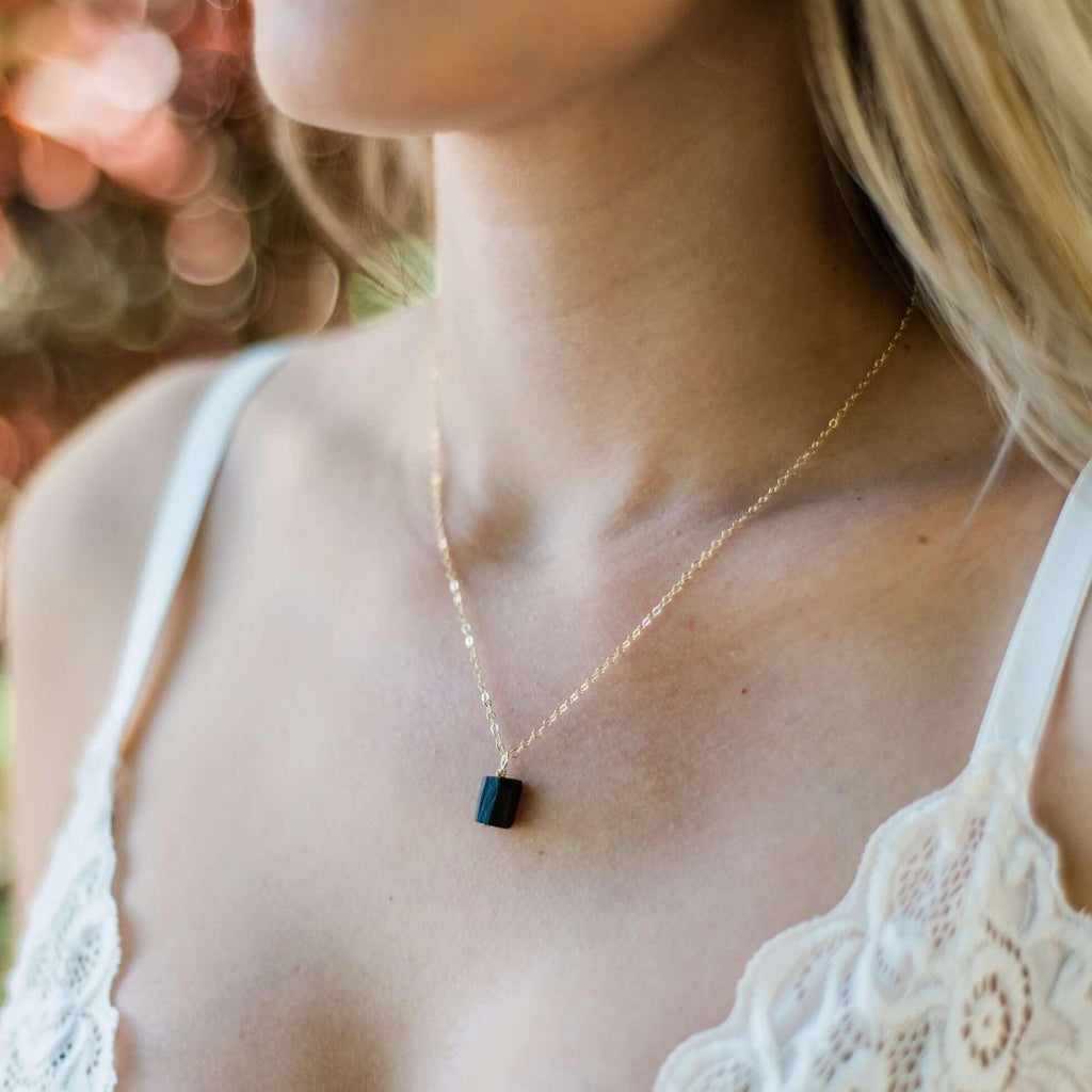 Raw Black Tourmaline Natural Crystal Pendant Necklace - Raw Black Tourmaline Natural Crystal Pendant Necklace - 14k Gold Fill / Satellite - Luna Tide Handmade Crystal Jewellery