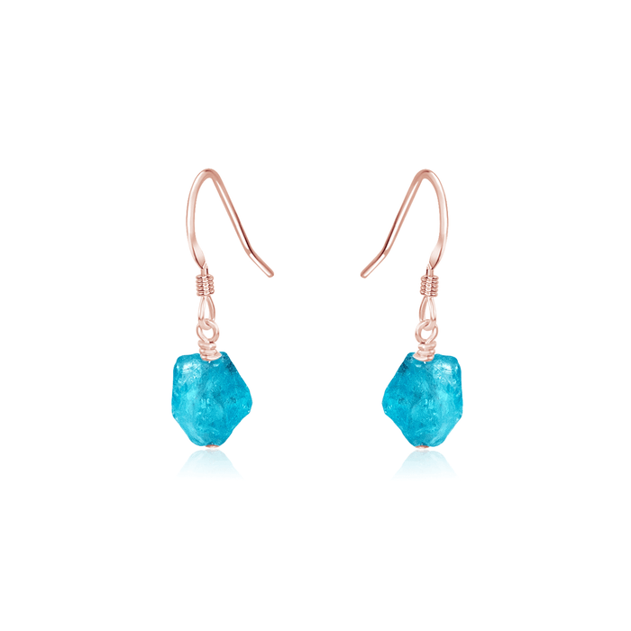 Raw Blue Apatite Crystal Dangle Drop Earrings - Raw Blue Apatite Crystal Dangle Drop Earrings - 14k Rose Gold Fill - Luna Tide Handmade Crystal Jewellery