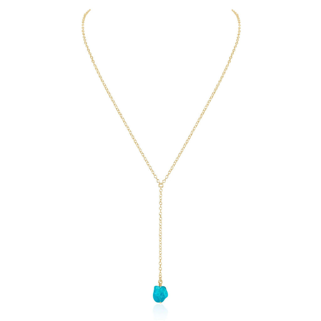 Raw Blue Apatite Crystal Lariat Necklace - Raw Blue Apatite Crystal Lariat Necklace - 14k Gold Fill - Luna Tide Handmade Crystal Jewellery
